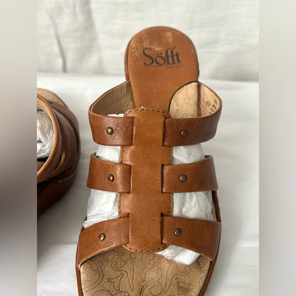 SOFFT Women's Brown Leather Cutout Neutral Minimalist Quiet Luxury Wedge Sandals
